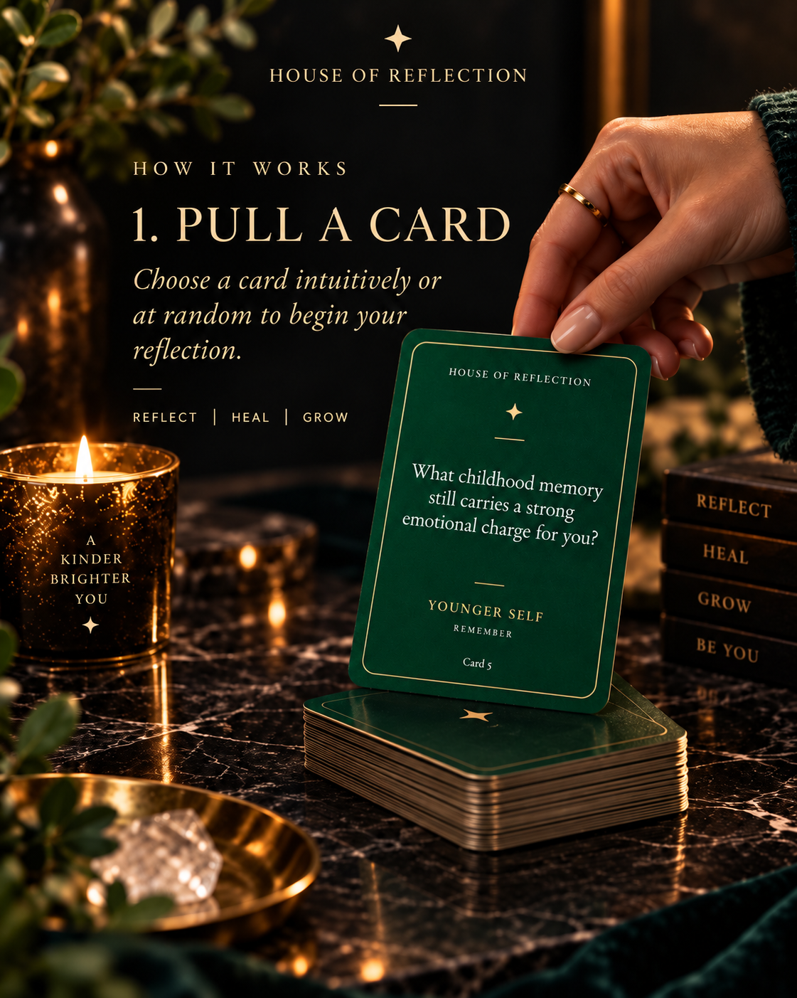 Pull a card — a hand drawing the Younger Self card that reads, What childhood memory still carries a strong emotional charge for you?, beside a candle